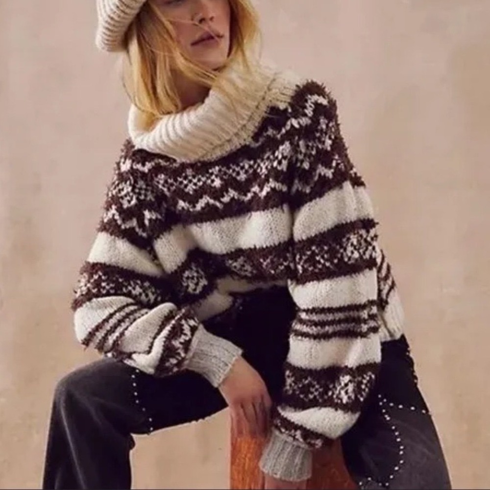 NWT Free People Check Me Out Pullover Sweater Brown Cream Fair Isle Turtleneck